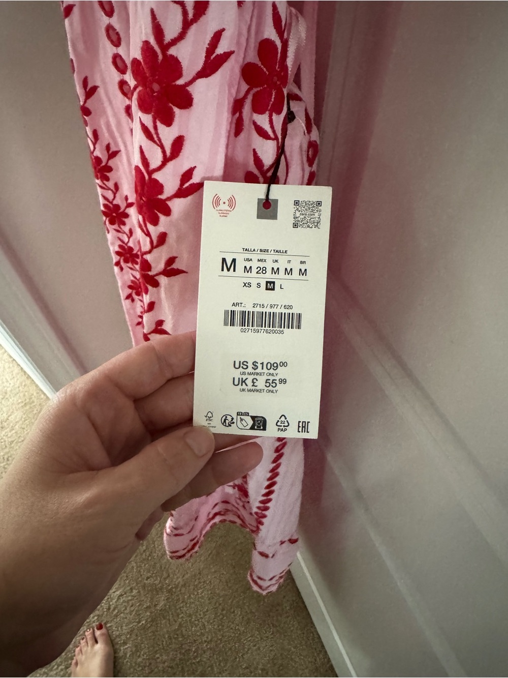 Zara Pink Midi Dress with Red Embroidered Stripes - Picture 4 of 4